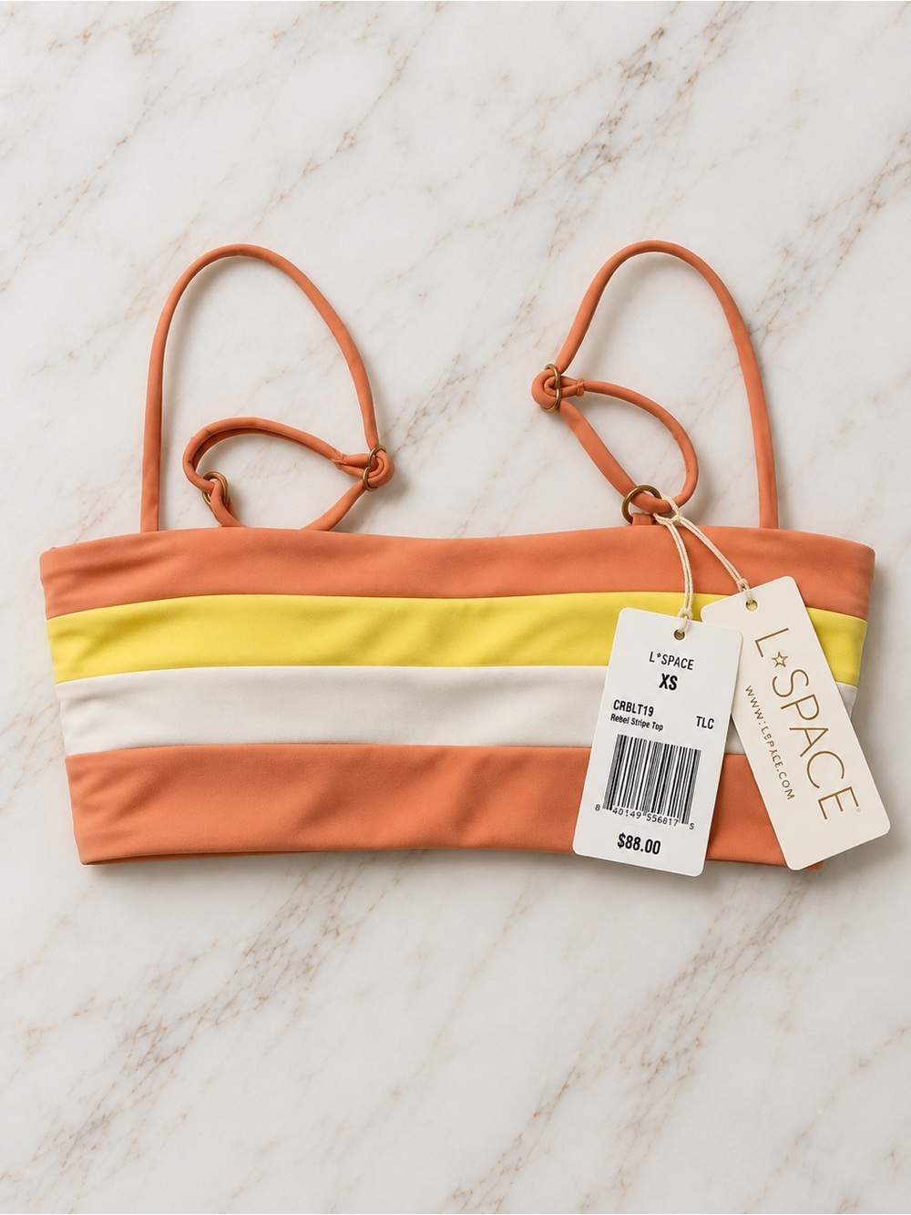 L*SPACE Rebel Stripe Bandeau Bikini Top Tangy Lemon Drop Cream XS NEW